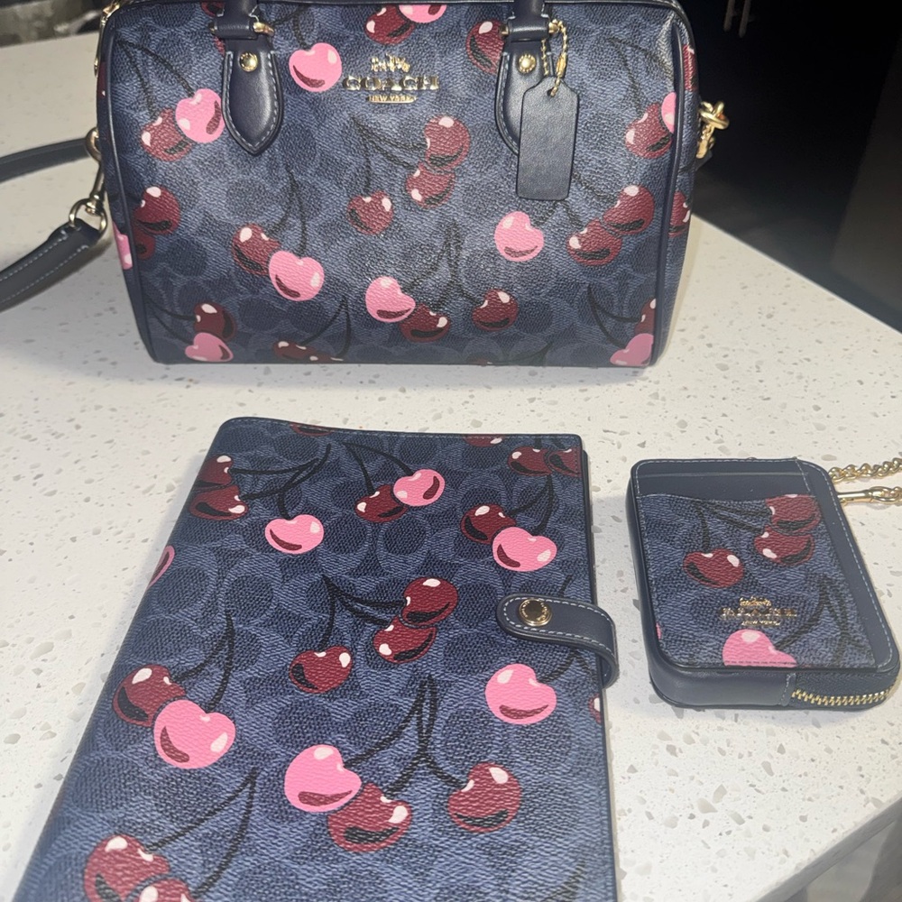 Coach Cherry Print Satchel in Navy and Pink Medium Rowen Notebook & Wallet - Picture 10 of 10